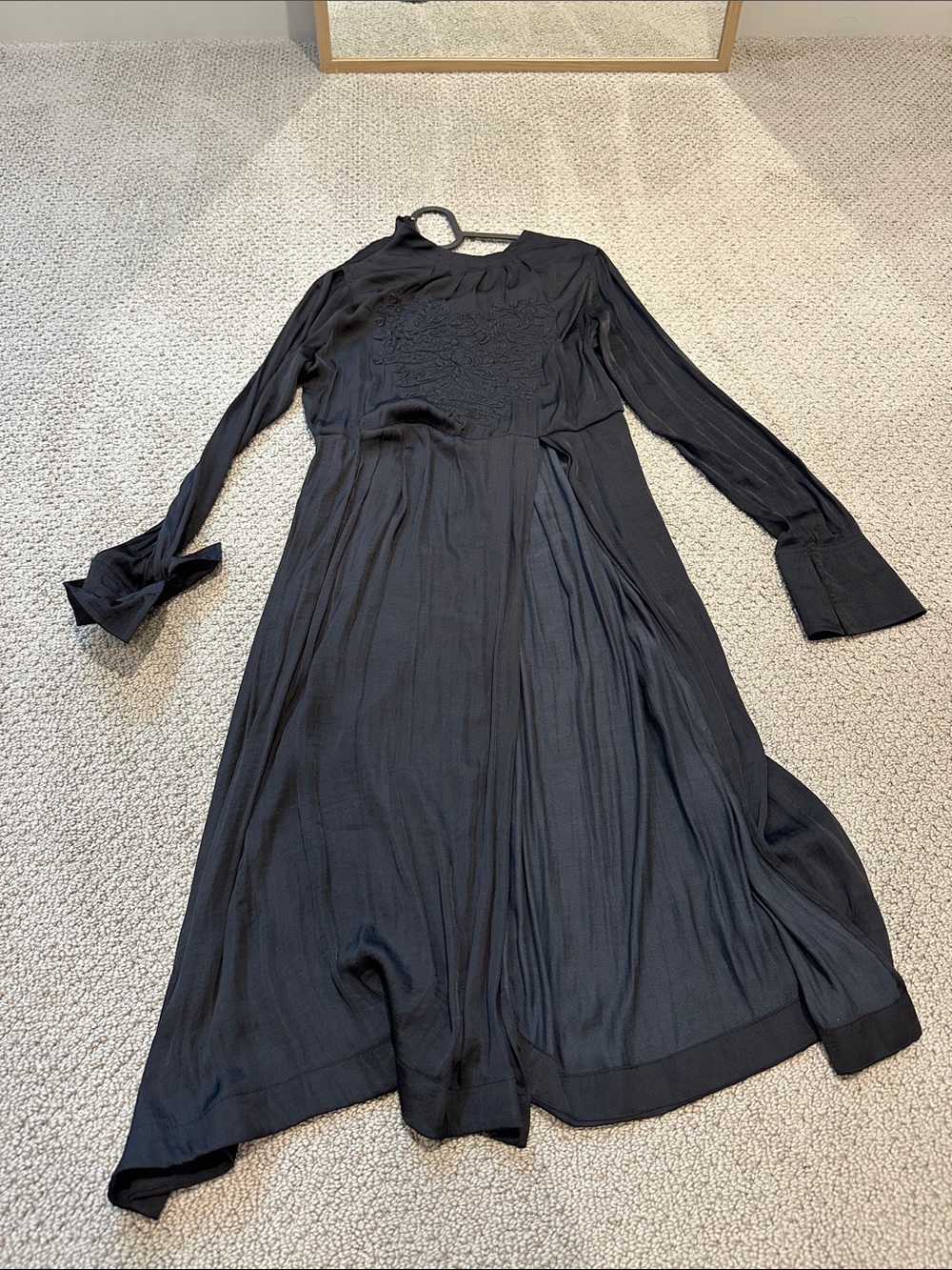 Free People Black Long Sleeve Midi Dress with Embroidered Bodice Detail